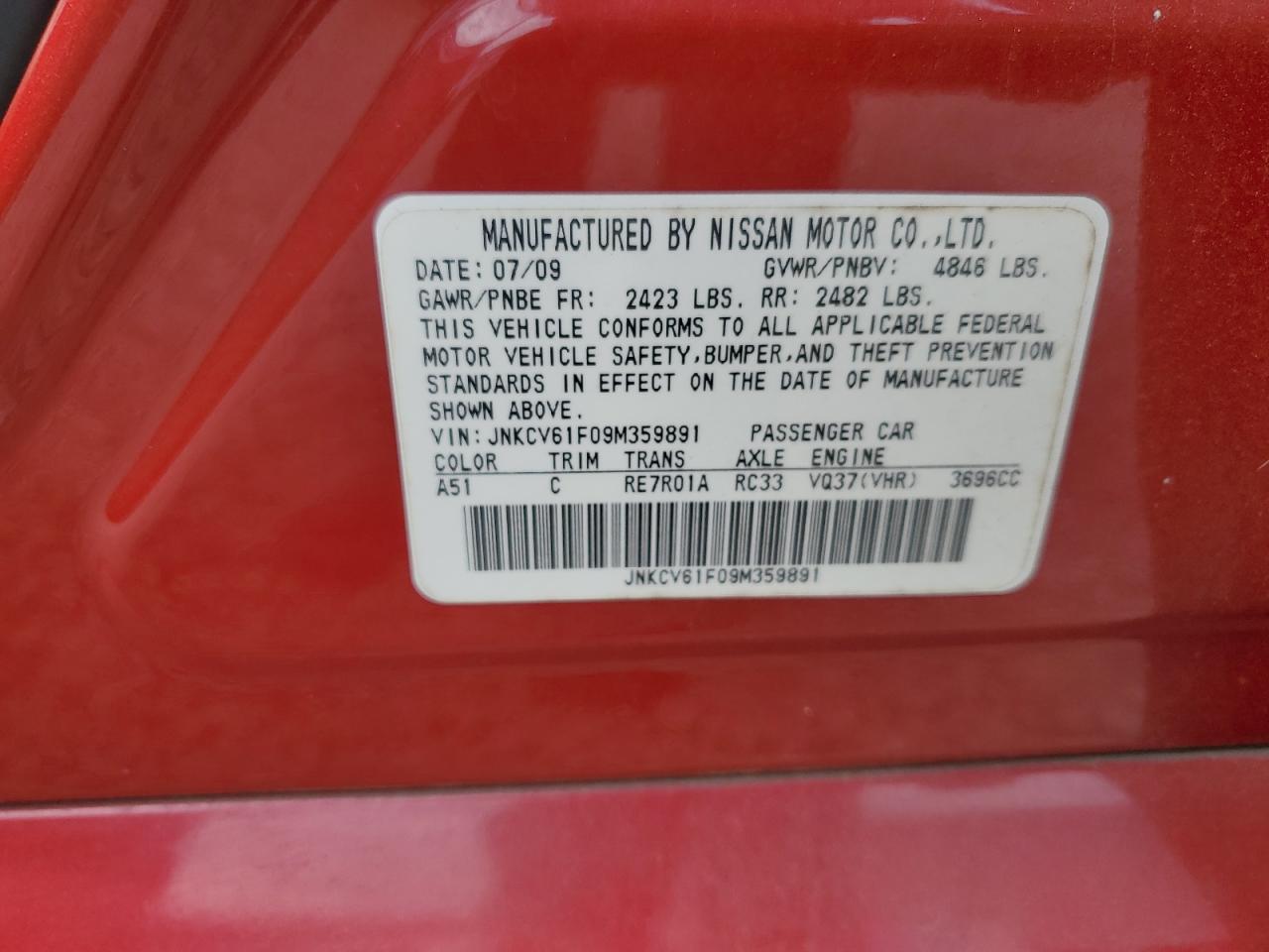 2009 Infiniti G37 VIN: JNKCV61F09M359891 Lot: 82027585