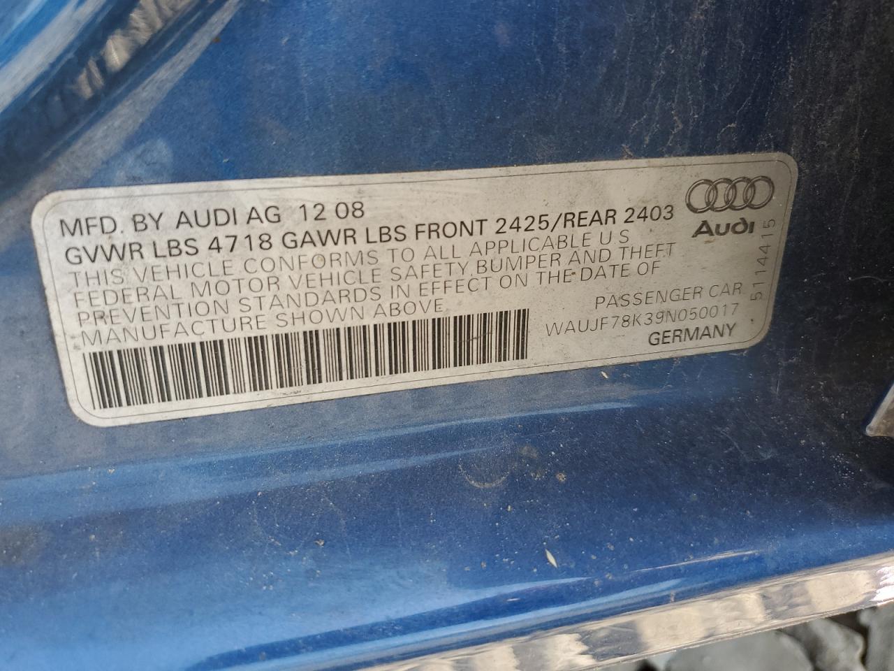 2009 Audi A4 Premium Plus VIN: WAUJF78K39N050017 Lot: 80505695