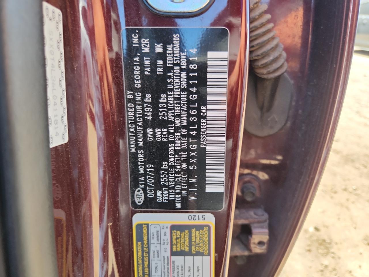 2020 Kia Optima Lx VIN: 5XXGT4L36LG411814 Lot: 80528625