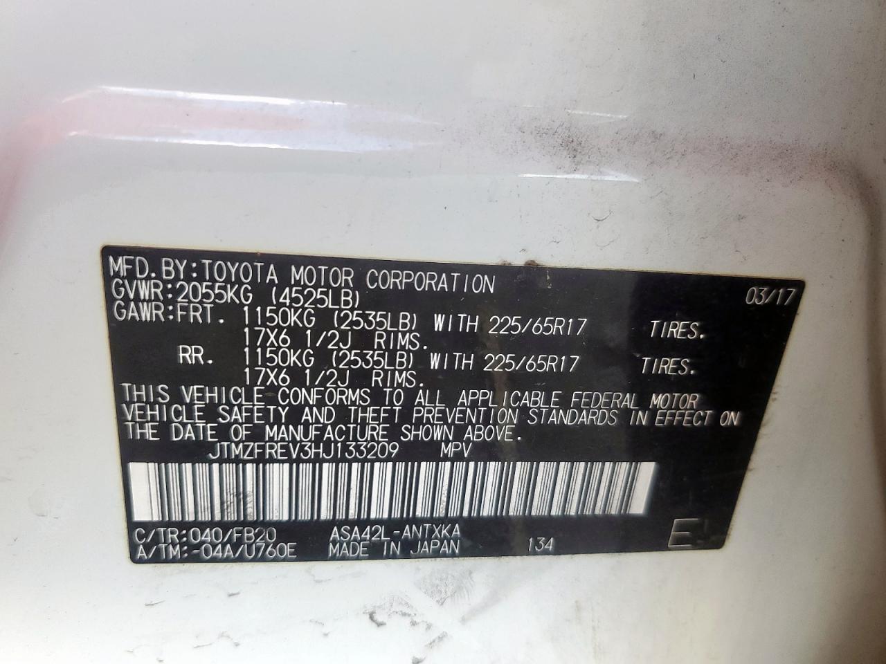 2017 Toyota Rav4 Le VIN: JTMZFREV3HJ133209 Lot: 81652065