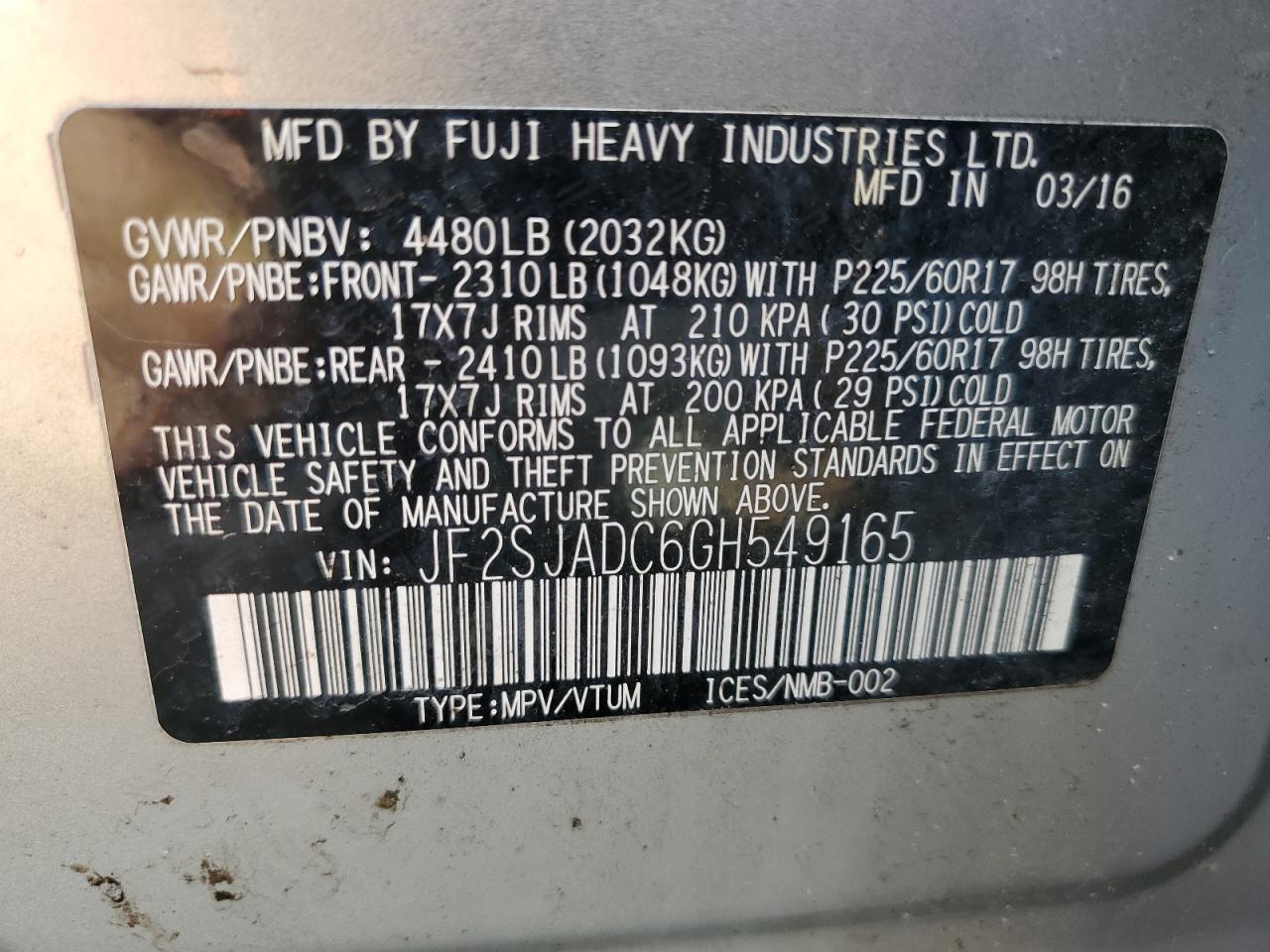 2016 Subaru Forester 2.5I Premium VIN: JF2SJADC6GH549165 Lot: 84793545