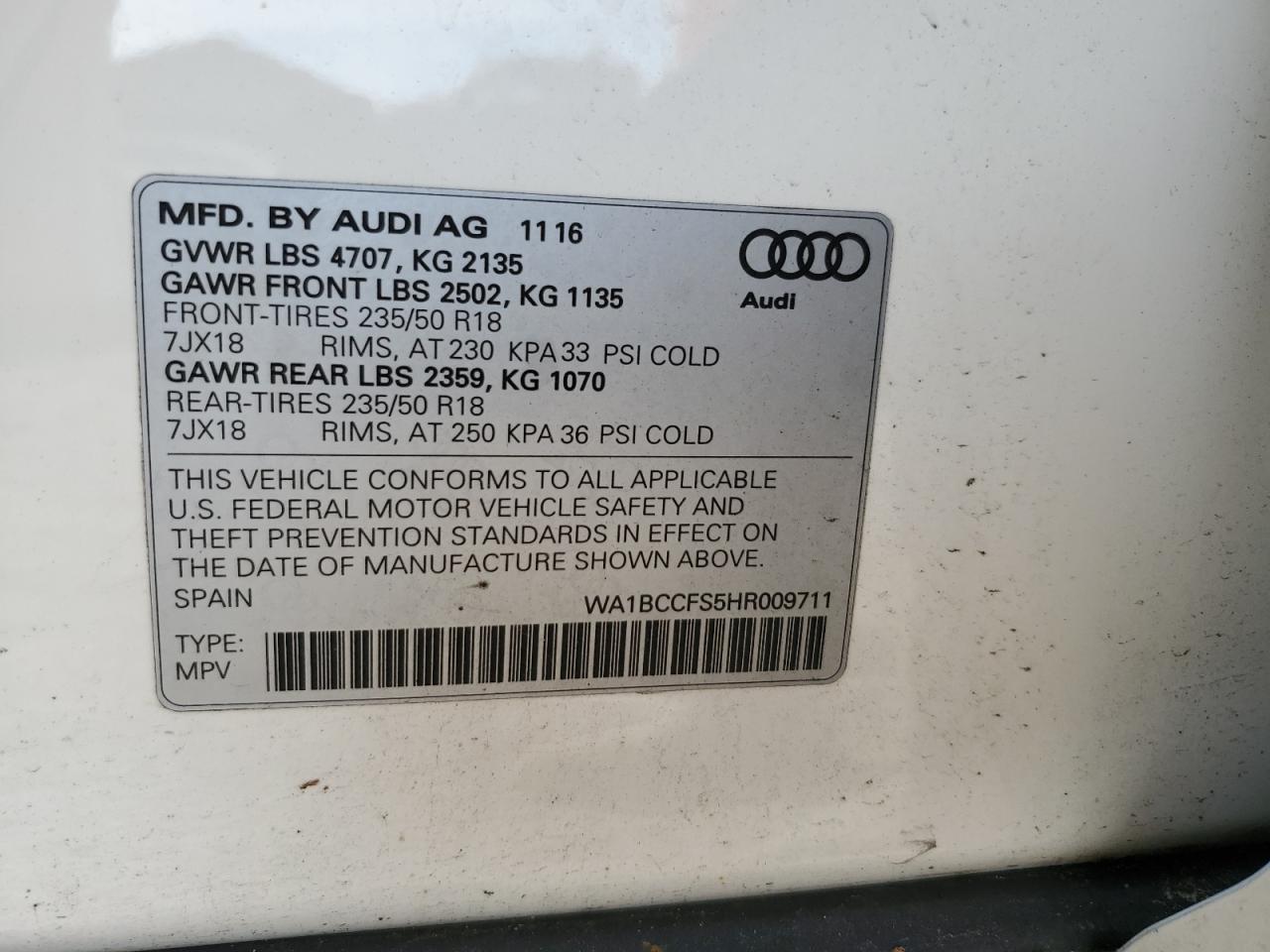 2017 Audi Q3 Premium VIN: WA1BCCFS5HR009711 Lot: 84426465