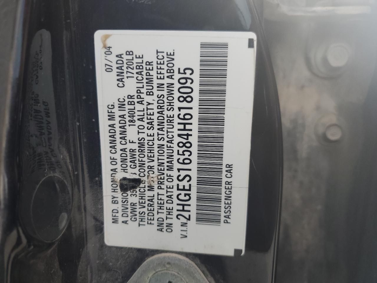 2004 Honda Civic Lx VIN: 2HGES16584H618095 Lot: 81065465