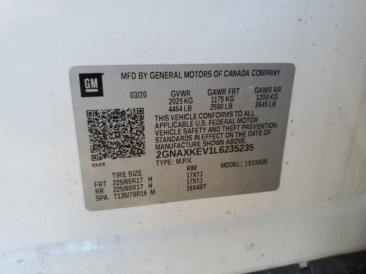 2020 Chevrolet Equinox Lt VIN: 2GNAXKEV1L6235235 Lot: 71191825