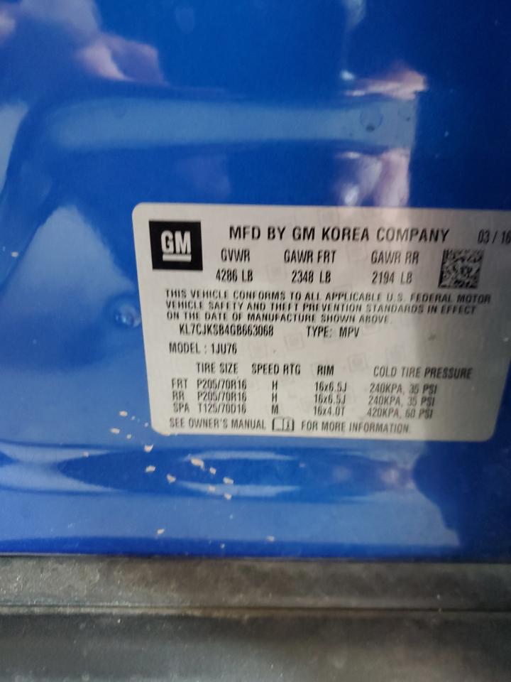 2016 Chevrolet Trax Ls VIN: KL7CJKSB4GB663068 Lot: 81013075