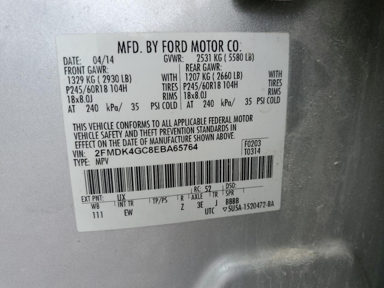 2014 Ford Edge Se VIN: 2FMDK4GC8EBA65764 Lot: 71693275