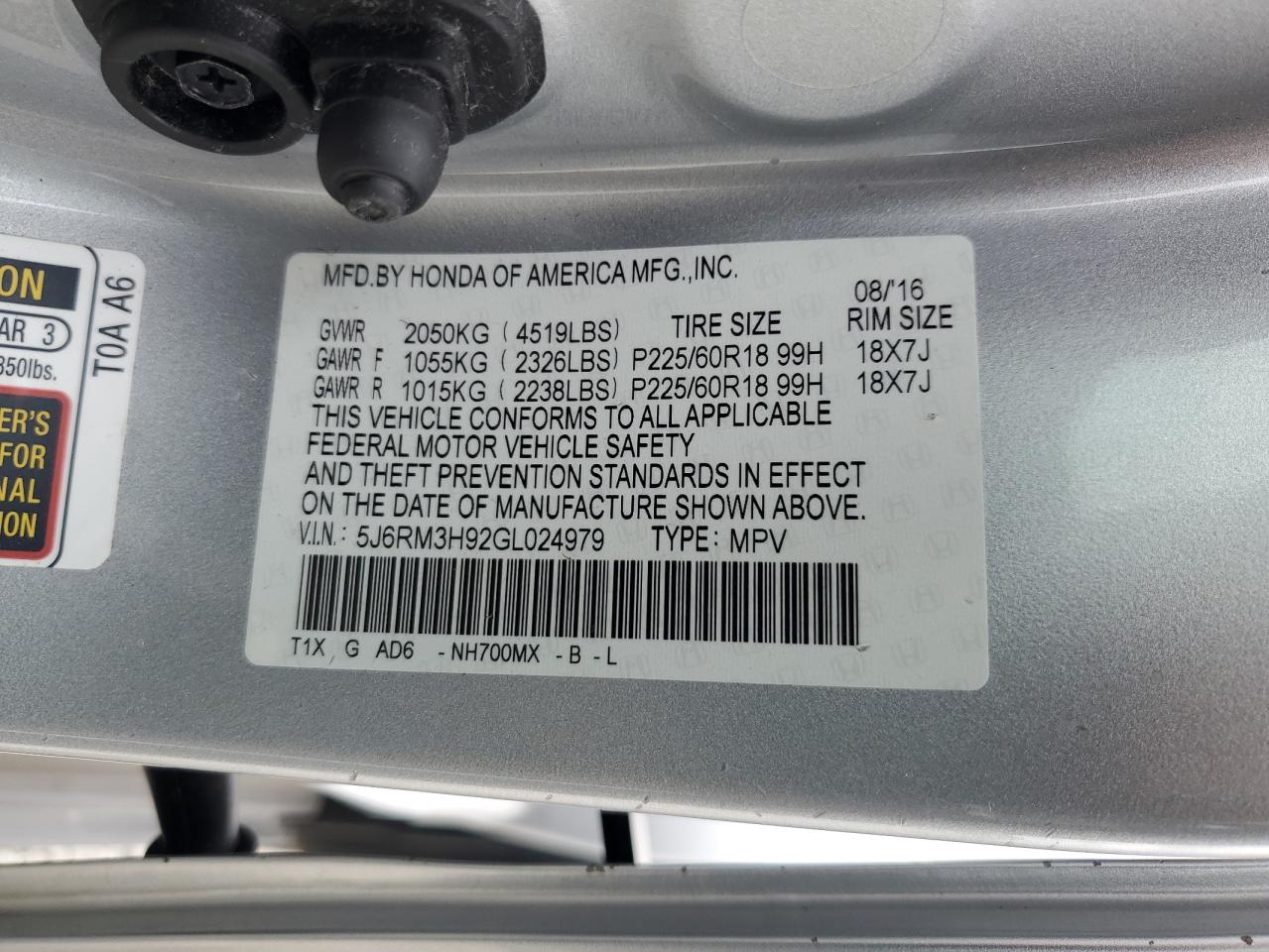 2016 Honda Cr-V Touring VIN: 5J6RM3H92GL024979 Lot: 84594005