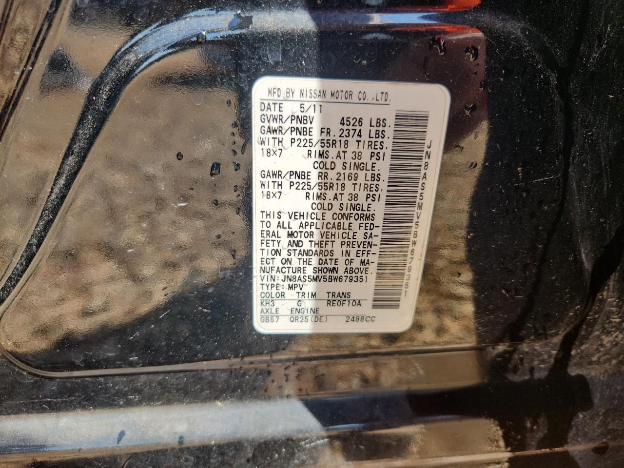 2011 Nissan Rogue S VIN: JN8AS5MV5BW679351 Lot: 70850975