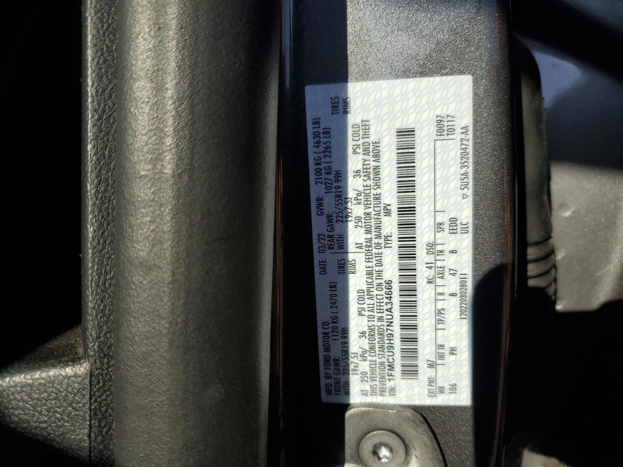 2022 Ford Escape Sel VIN: 1FMCU9H97NUA34666 Lot: 81835905