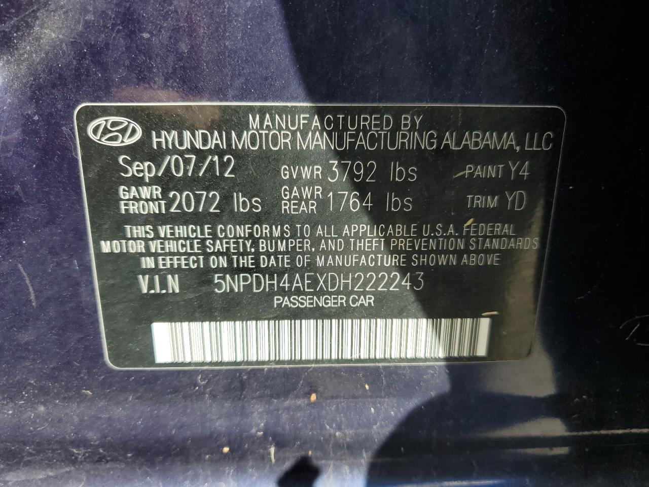 2013 Hyundai Elantra Gls VIN: 5NPDH4AEXDH222243 Lot: 80374325