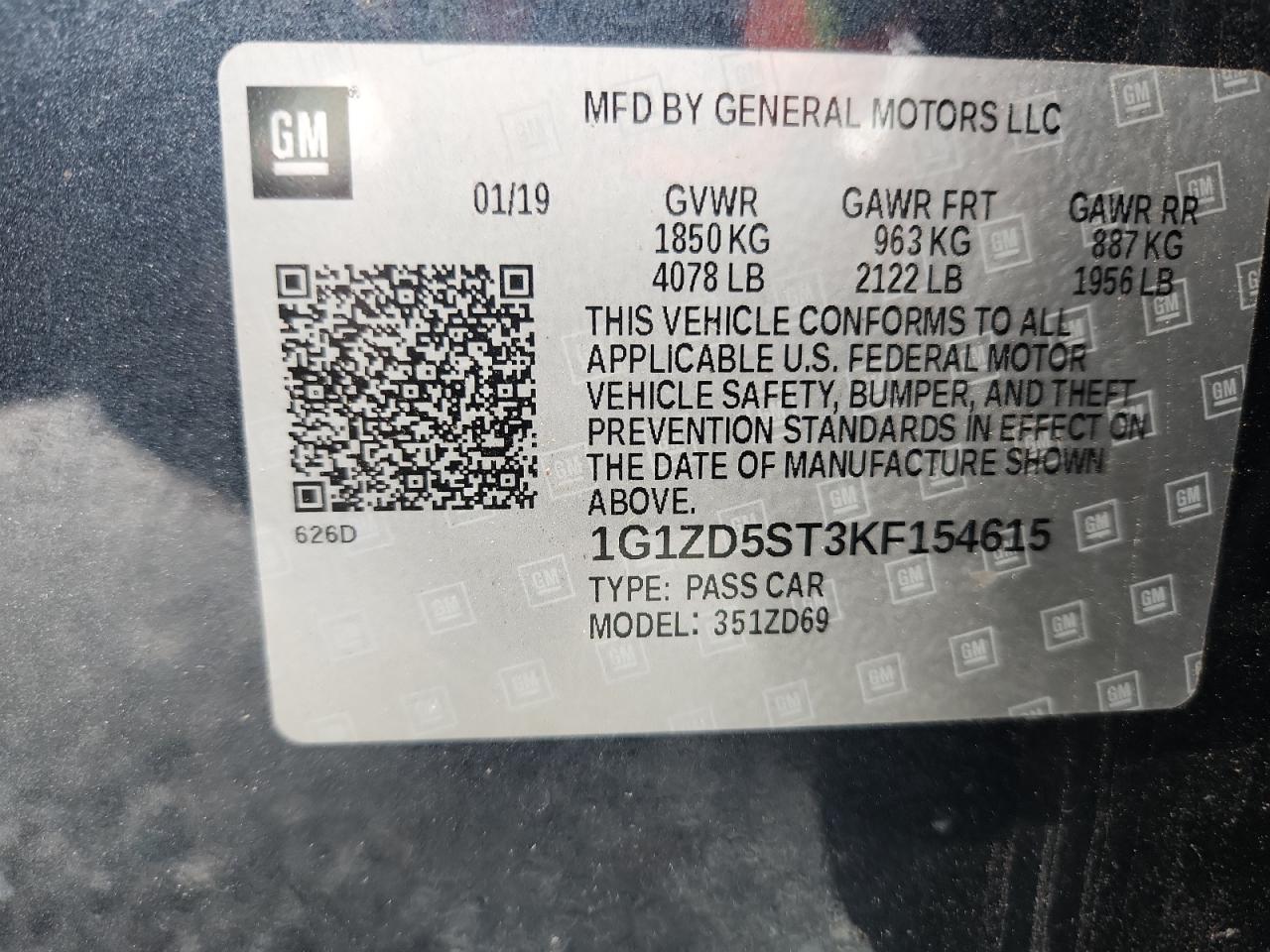 2019 Chevrolet Malibu Lt VIN: 1G1ZD5ST3KF154615 Lot: 81881085