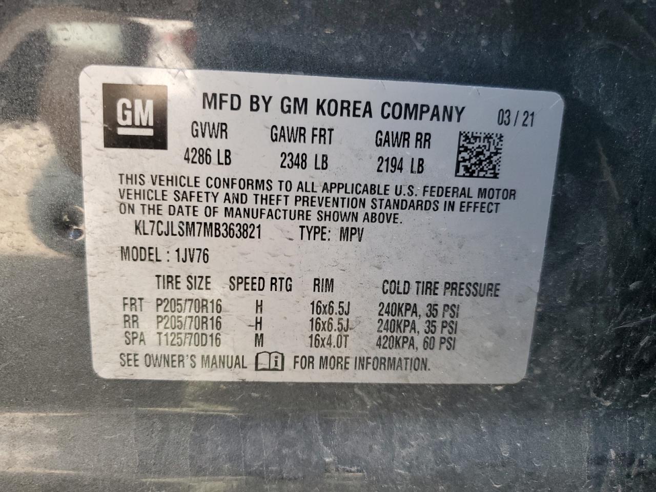 2021 Chevrolet Trax 1Lt VIN: KL7CJLSM7MB363821 Lot: 80619515