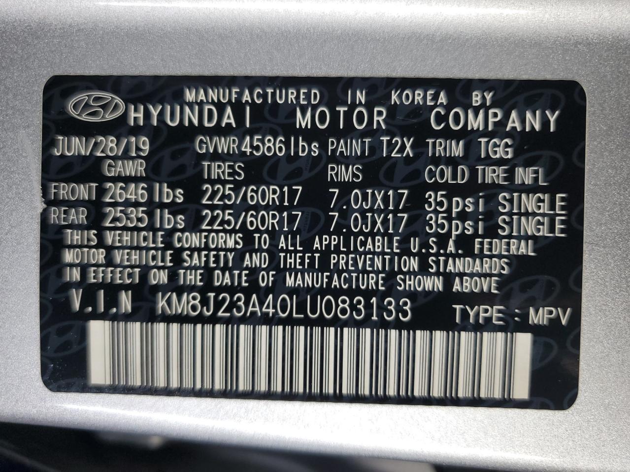 2020 Hyundai Tucson Se VIN: KM8J23A40LU083133 Lot: 69279135