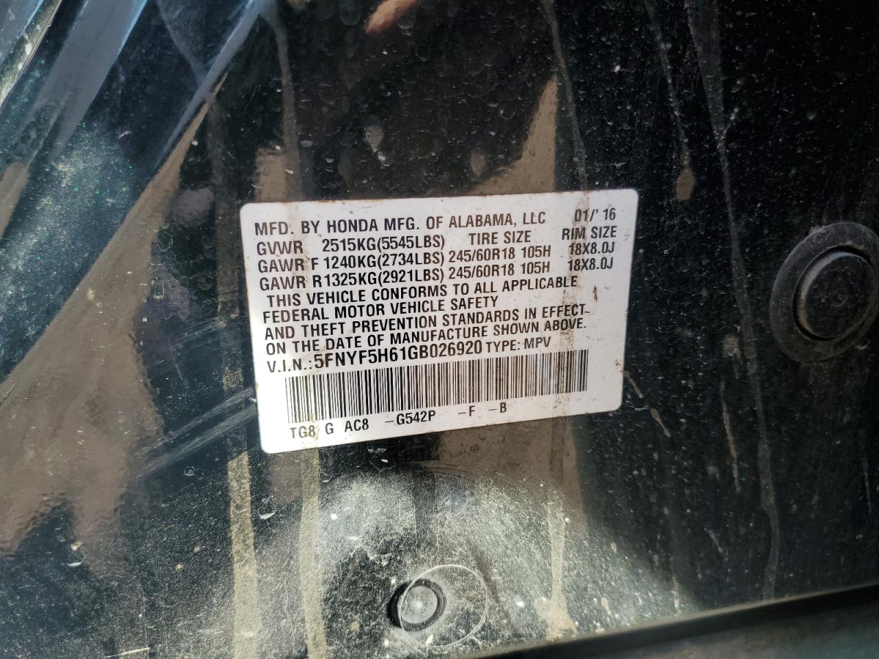 2016 Honda Pilot Exl VIN: 5FNYF5H61GB026920 Lot: 81486125