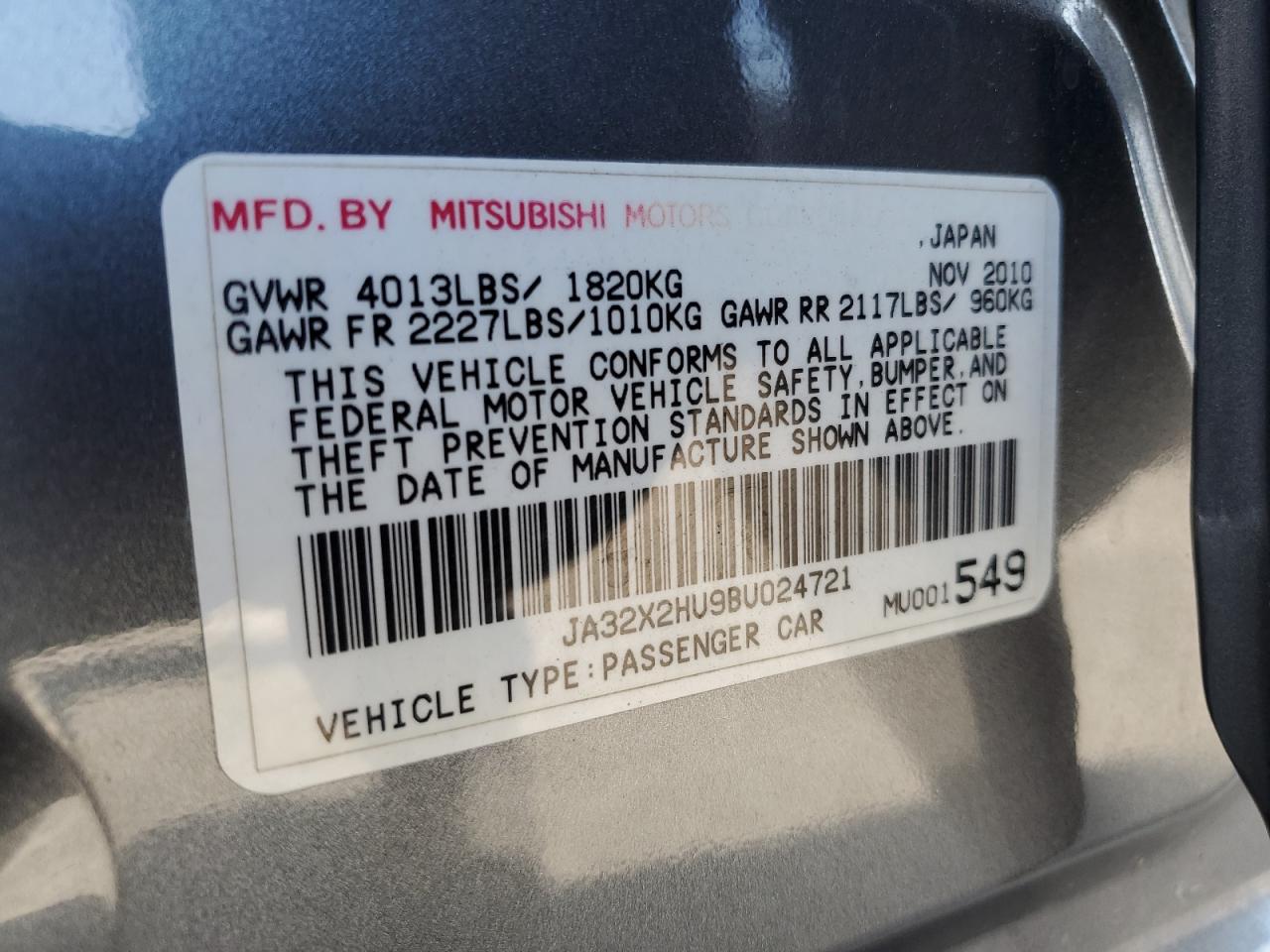 2011 Mitsubishi Lancer Es/Es Sport VIN: JA32X2HU9BU024721 Lot: 80900425