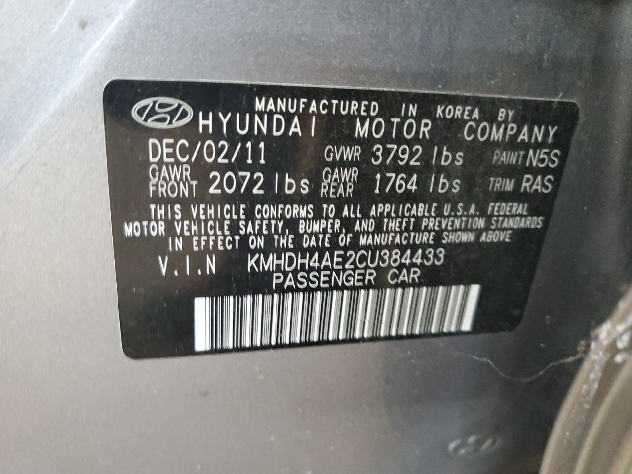 2012 Hyundai Elantra Gls VIN: KMHDH4AE2CU384433 Lot: 80943515