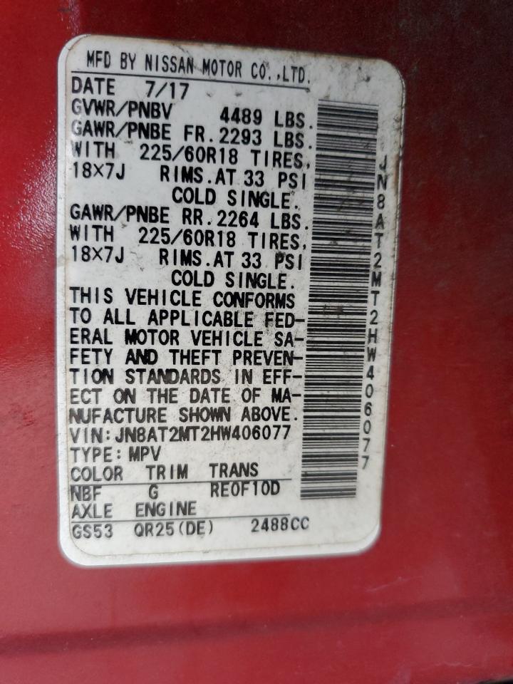 2017 Nissan Rogue S VIN: JN8AT2MT2HW406077 Lot: 71852285