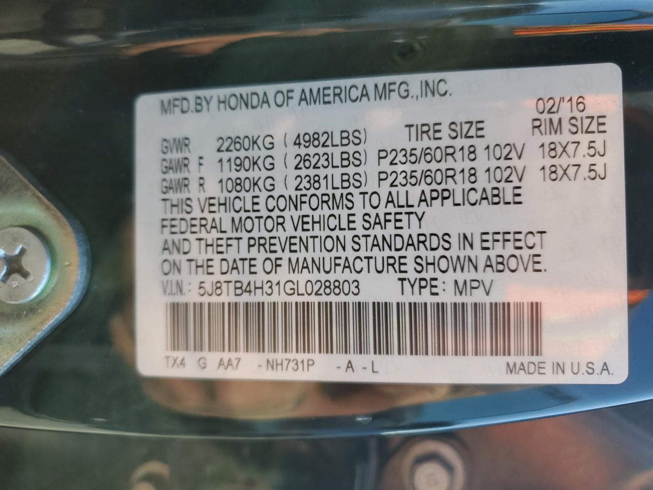 2016 Acura Rdx VIN: 5J8TB4H31GL028803 Lot: 80760295