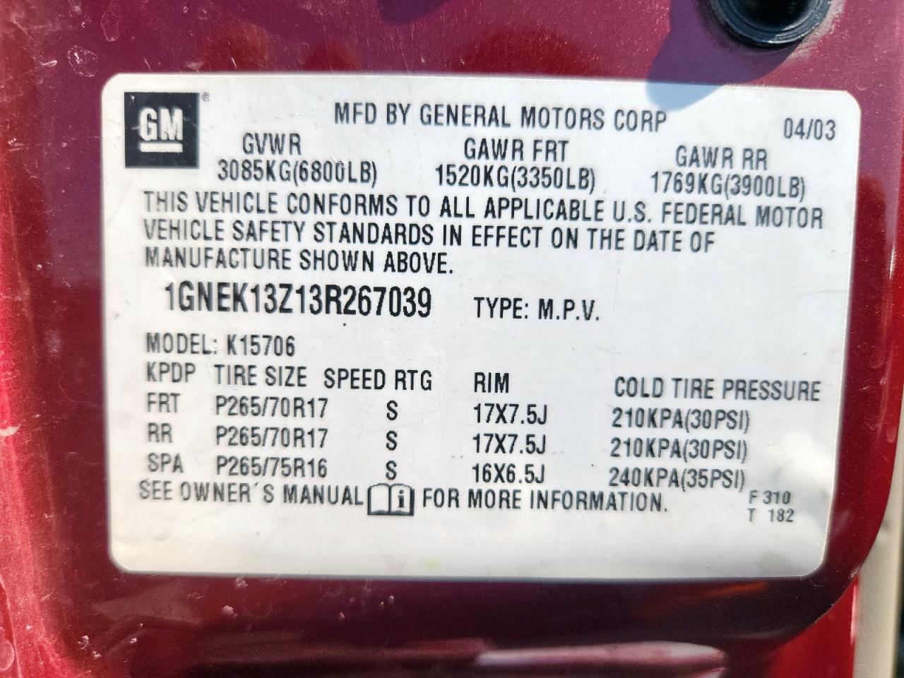 2003 Chevrolet Tahoe K1500 VIN: 1GNEK13Z13R267039 Lot: 83875315