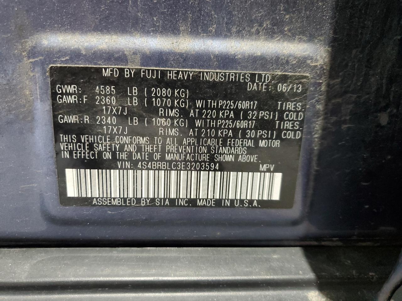 2014 Subaru Outback 2.5I Limited VIN: 4S4BRBLC3E3203594 Lot: 81567615