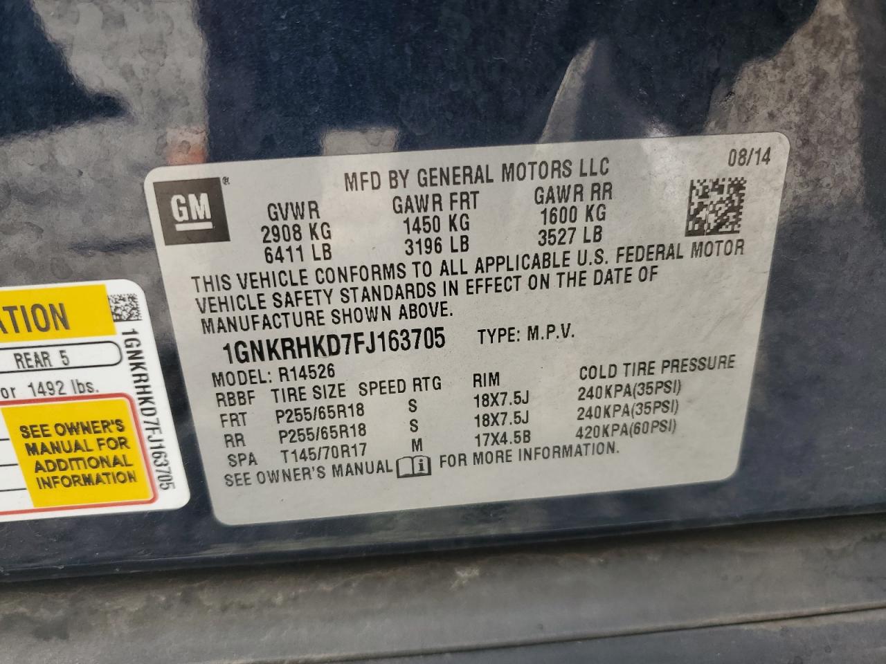 2015 Chevrolet Traverse Lt VIN: 1GNKRHKD7FJ163705 Lot: 81529075