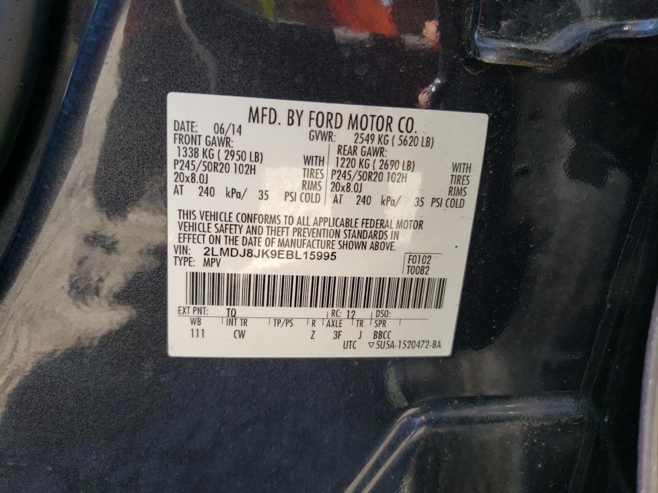 2014 Lincoln Mkx VIN: 2LMDJ8JK9EBL15995 Lot: 80668955