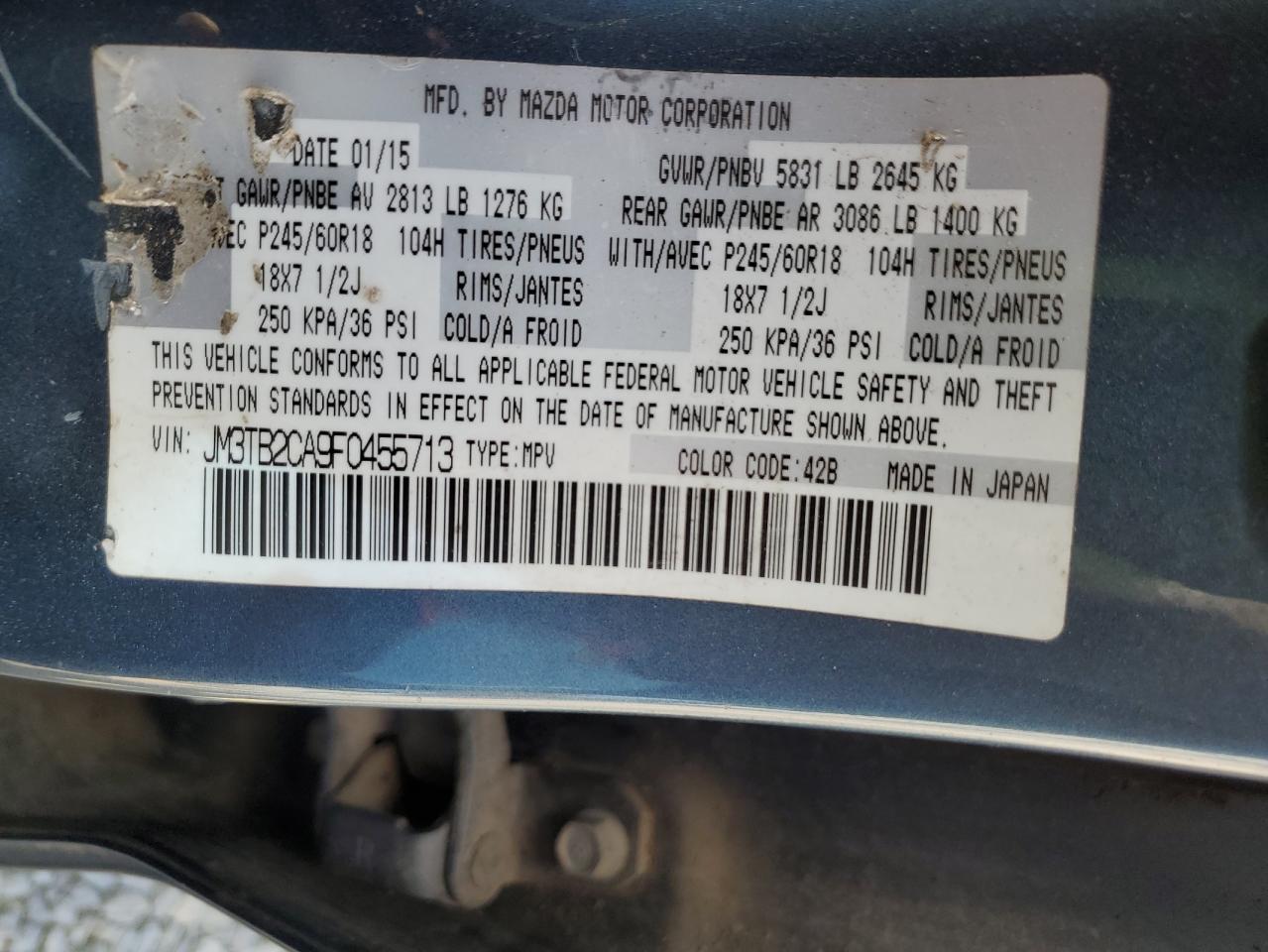 2015 Mazda Cx-9 Touring VIN: JM3TB2CA9F0455713 Lot: 81612065