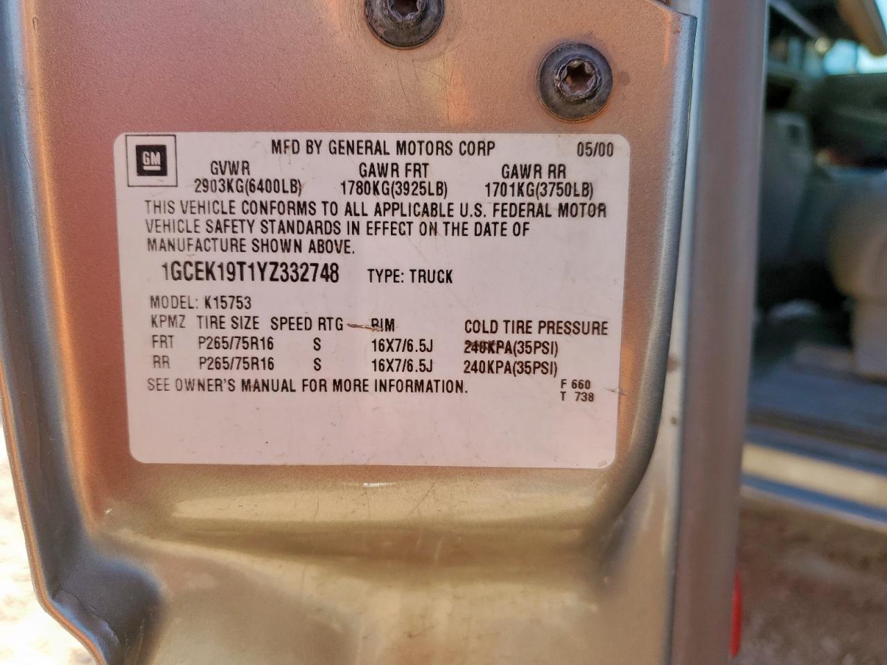 2000 Chevrolet Silverado K1500 VIN: 1GCEK19T1YZ332748 Lot: 81127135