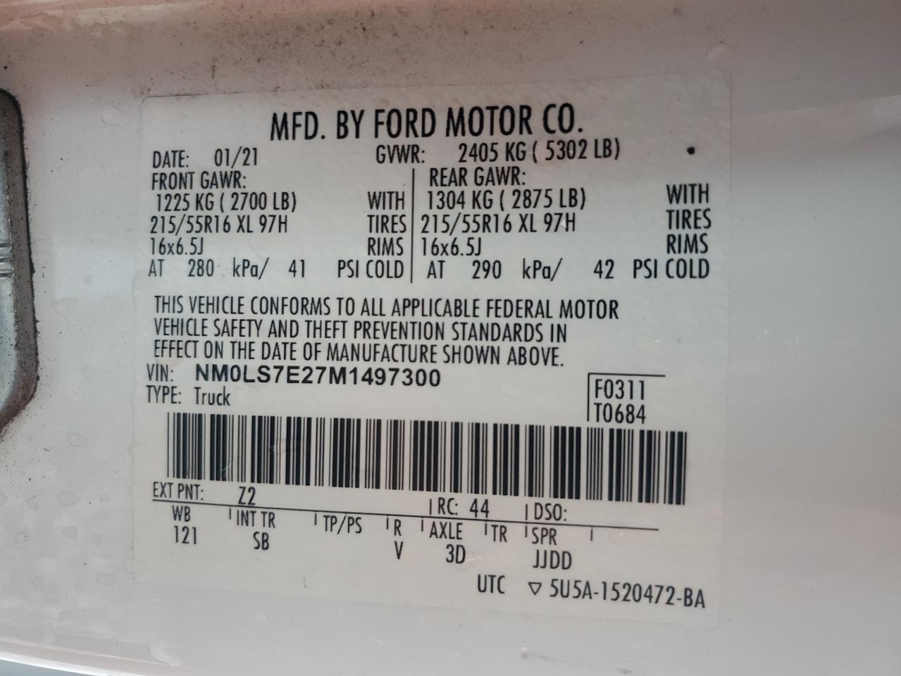 2021 Ford Transit Connect Xl VIN: NM0LS7E27M1497300 Lot: 70505505