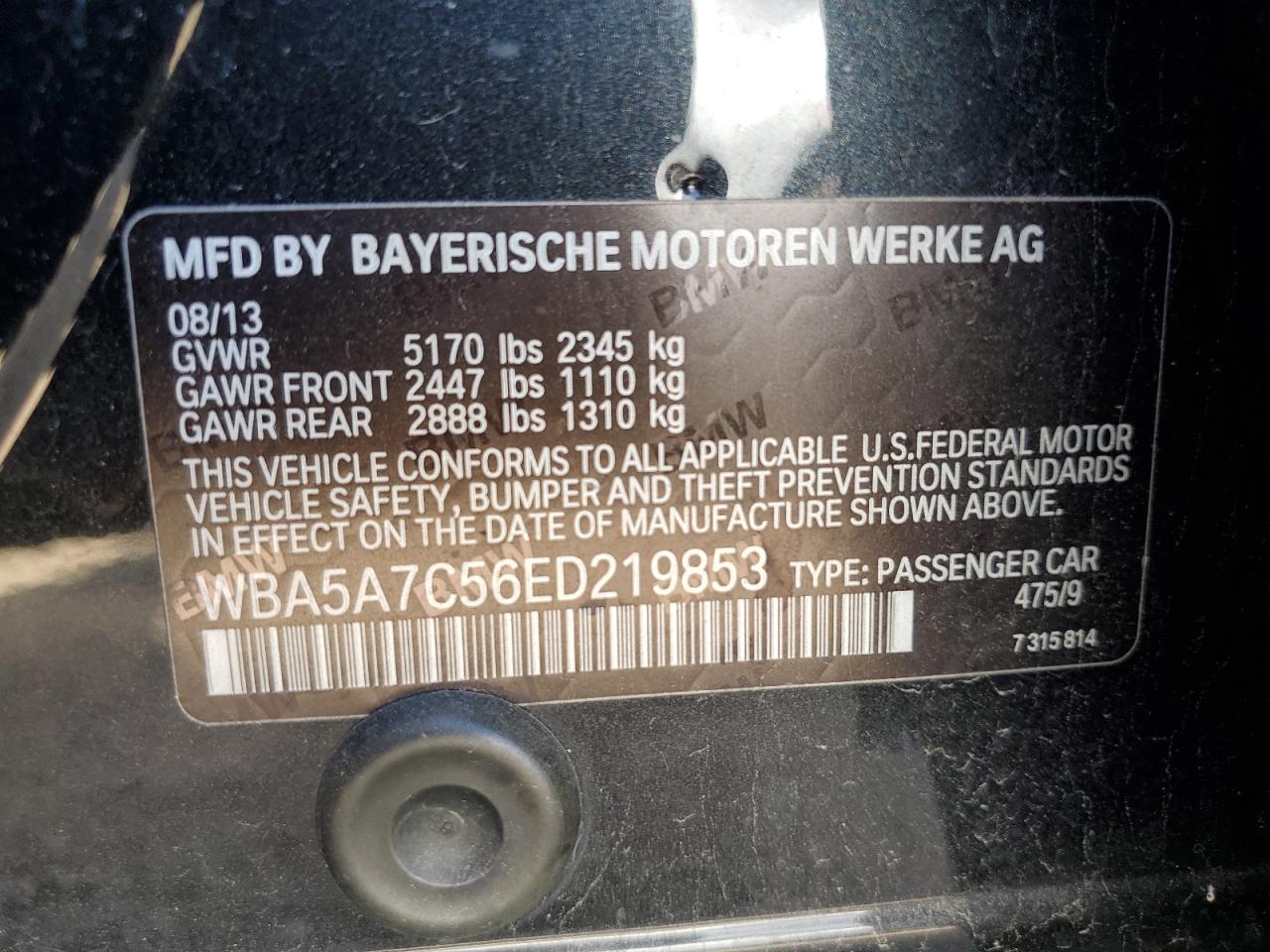 2014 BMW 528 Xi VIN: WBA5A7C56ED219853 Lot: 81796475