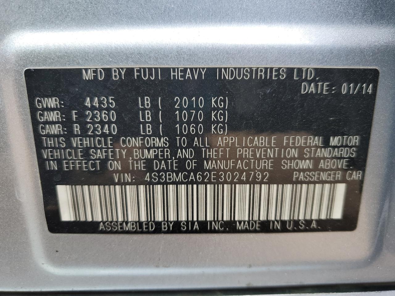 2014 Subaru Legacy 2.5I VIN: 4S3BMCA62E3024792 Lot: 71632425