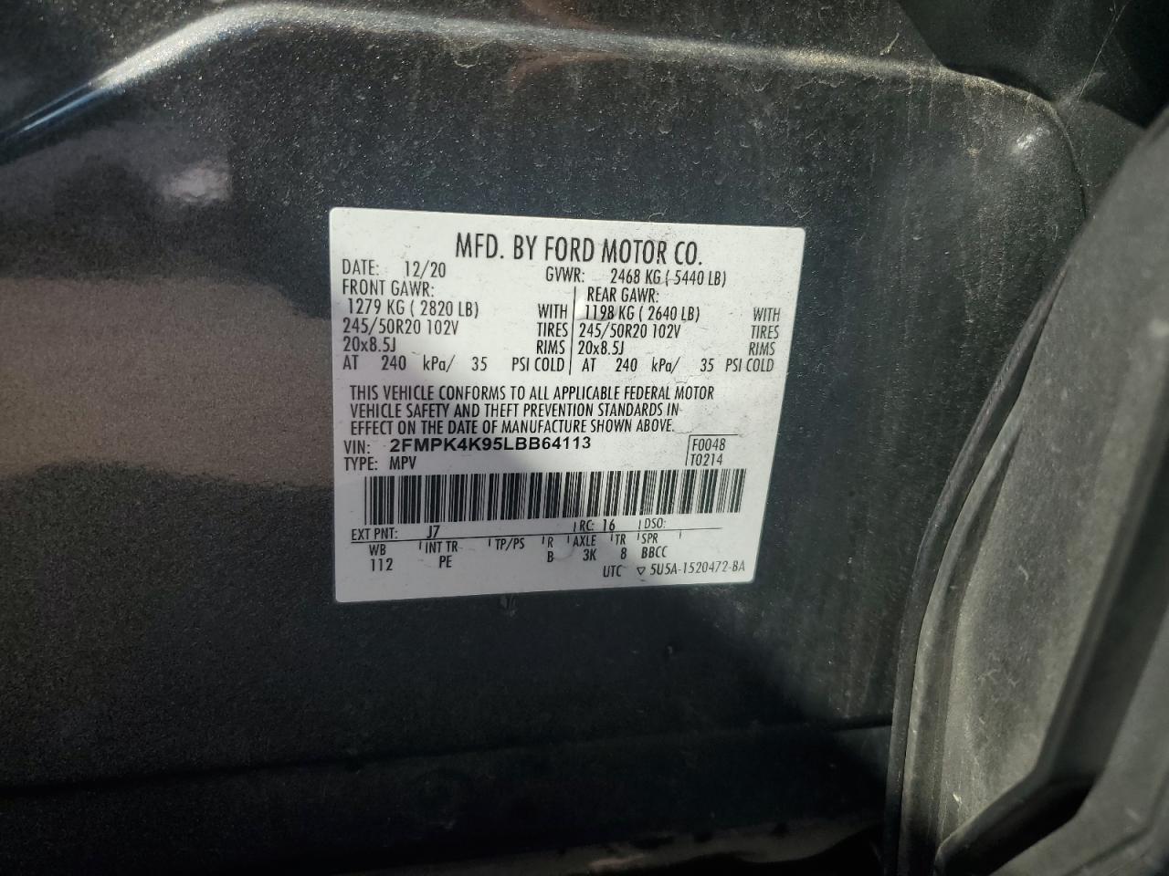 2020 Ford Edge Titanium VIN: 2FMPK4K95LBB64113 Lot: 83931465