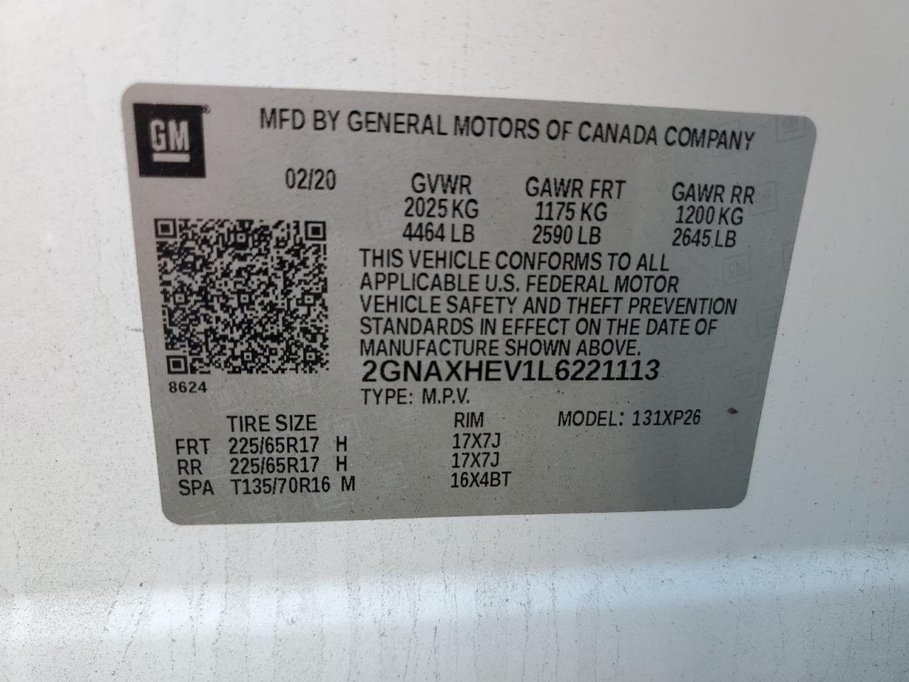 2020 Chevrolet Equinox Ls VIN: 2GNAXHEV1L6221113 Lot: 71667595