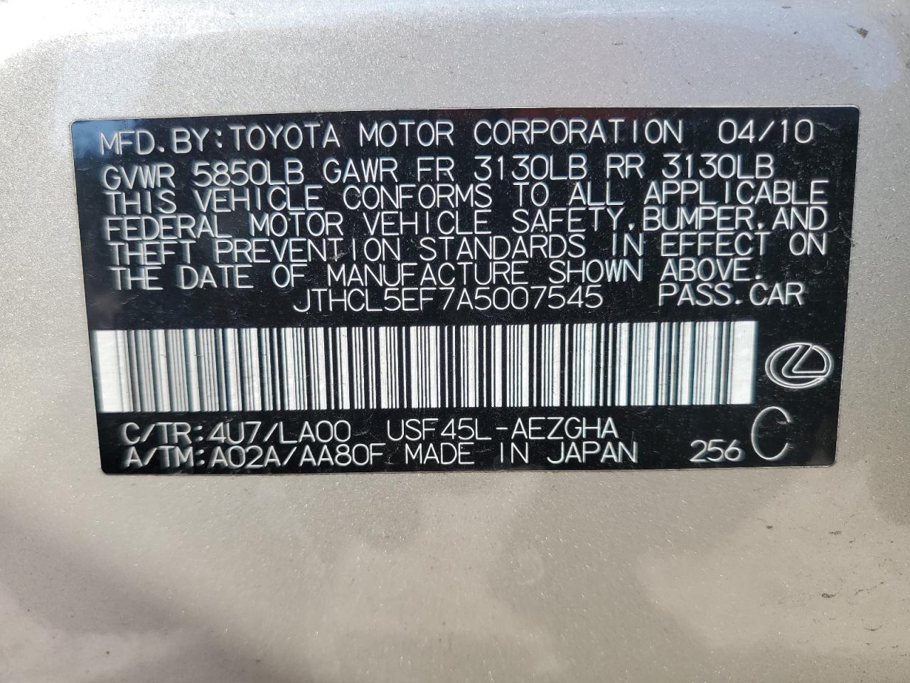 2010 Lexus Ls 460 VIN: JTHCL5EF7A5007545 Lot: 80861465