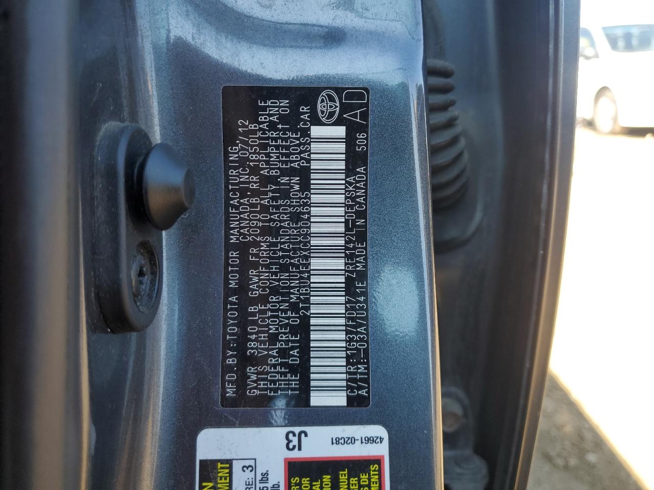 2012 Toyota Corolla Base VIN: 2T1BU4EEXCC904635 Lot: 71448255