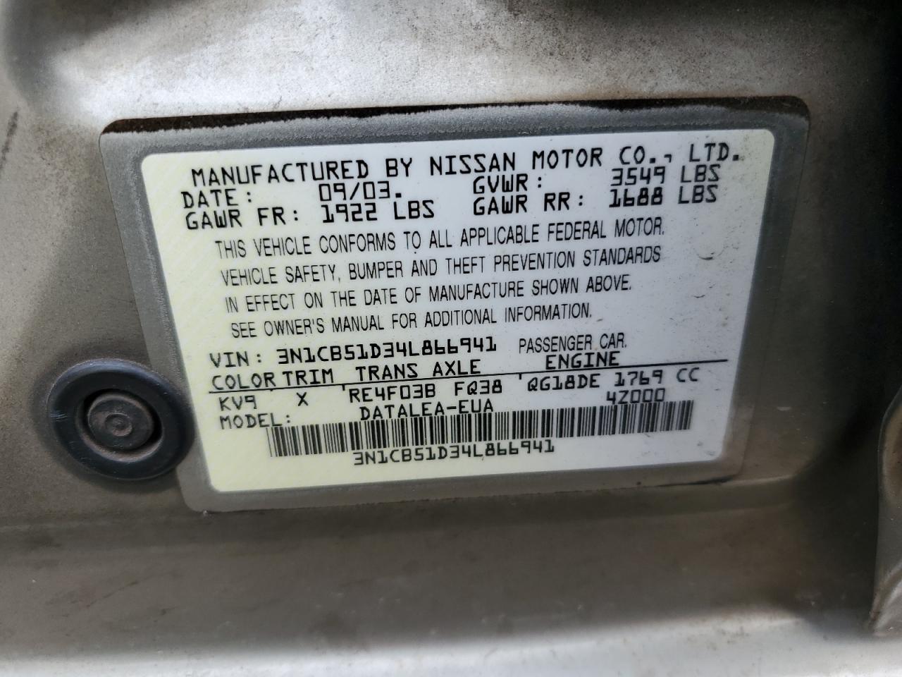 2004 Nissan Sentra 1.8 VIN: 3N1CB51D34L866941 Lot: 83932055