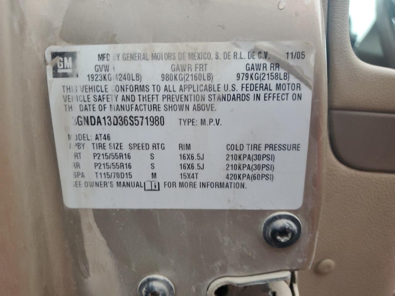 2006 Chevrolet Hhr Ls VIN: 3GNDA13D36S571980 Lot: 80862525