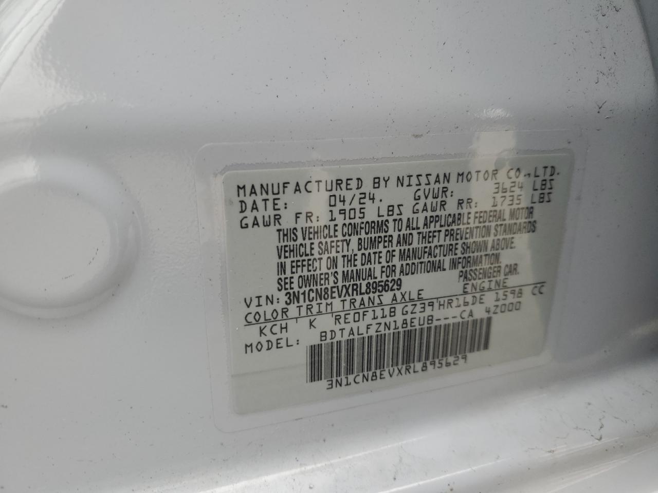 2024 Nissan Versa Sv VIN: 3N1CN8EVXRL895629 Lot: 82116735