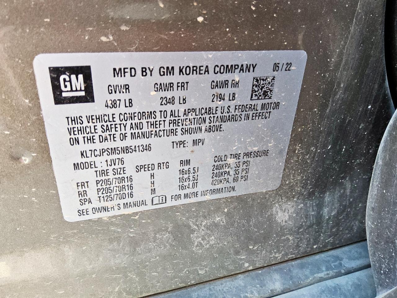 2022 Chevrolet Trax 1Lt VIN: KL7CJPSM5NB541346 Lot: 84195635