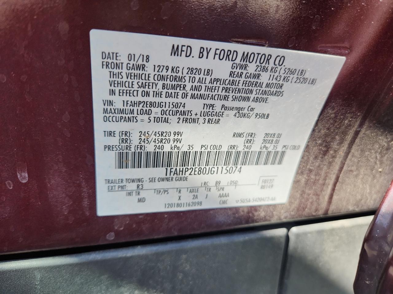 2018 Ford Taurus Sel VIN: 1FAHP2E80JG115074 Lot: 81201815