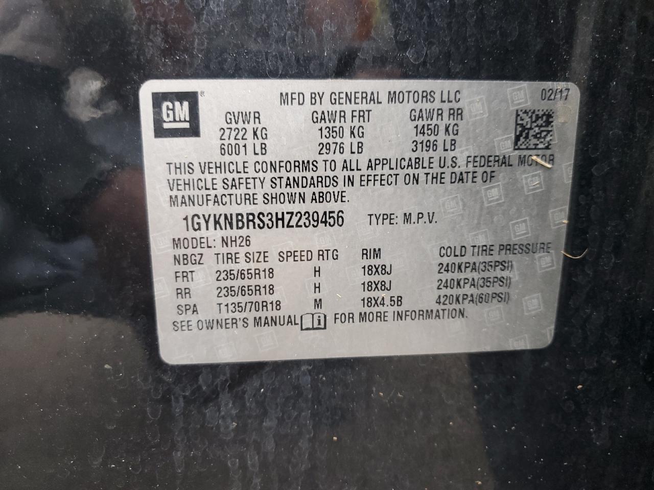 2017 Cadillac Xt5 Luxury VIN: 1GYKNBRS3HZ239456 Lot: 71231935