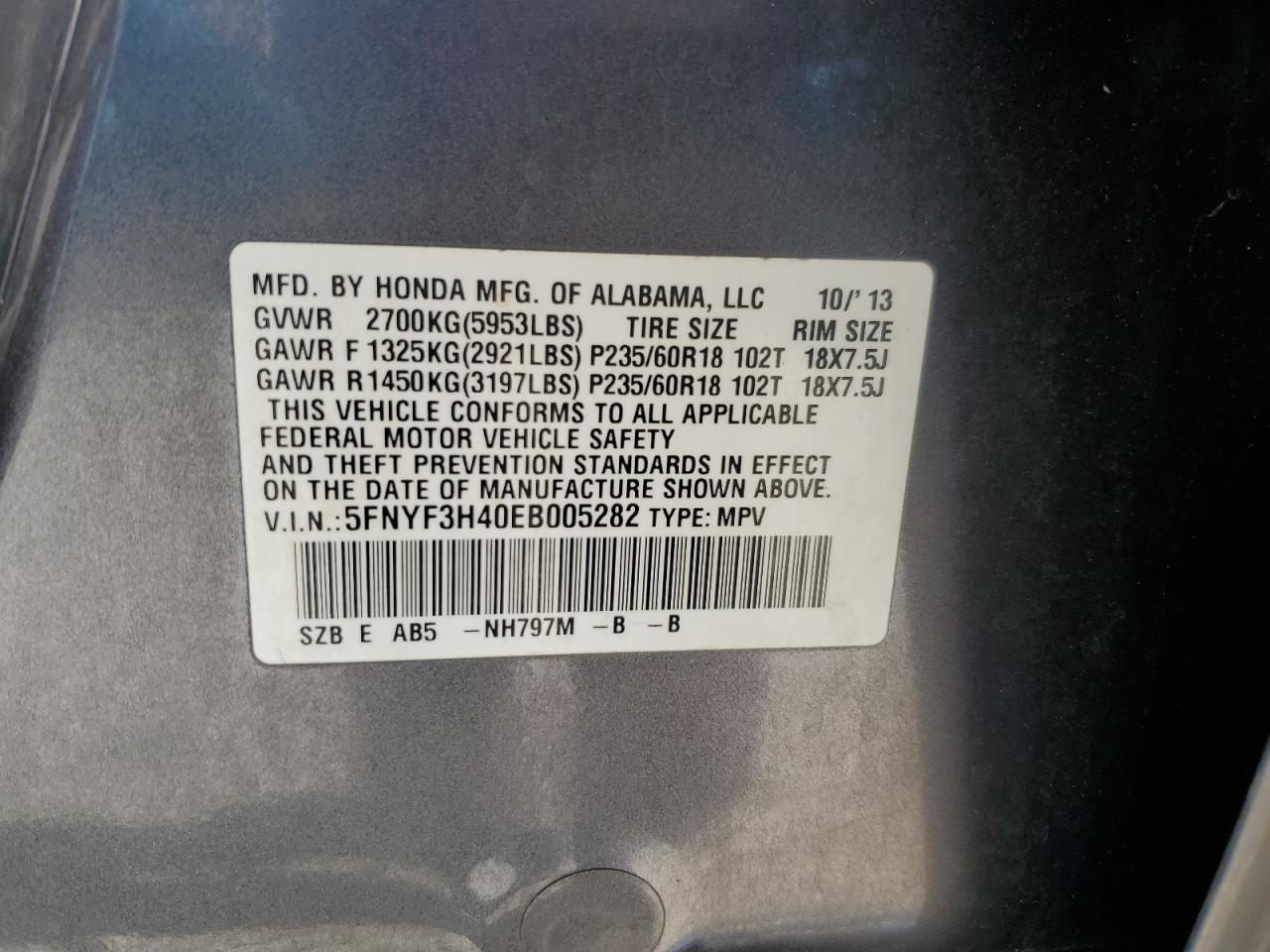 2014 Honda Pilot Ex VIN: 5FNYF3H40EB005282 Lot: 80303255