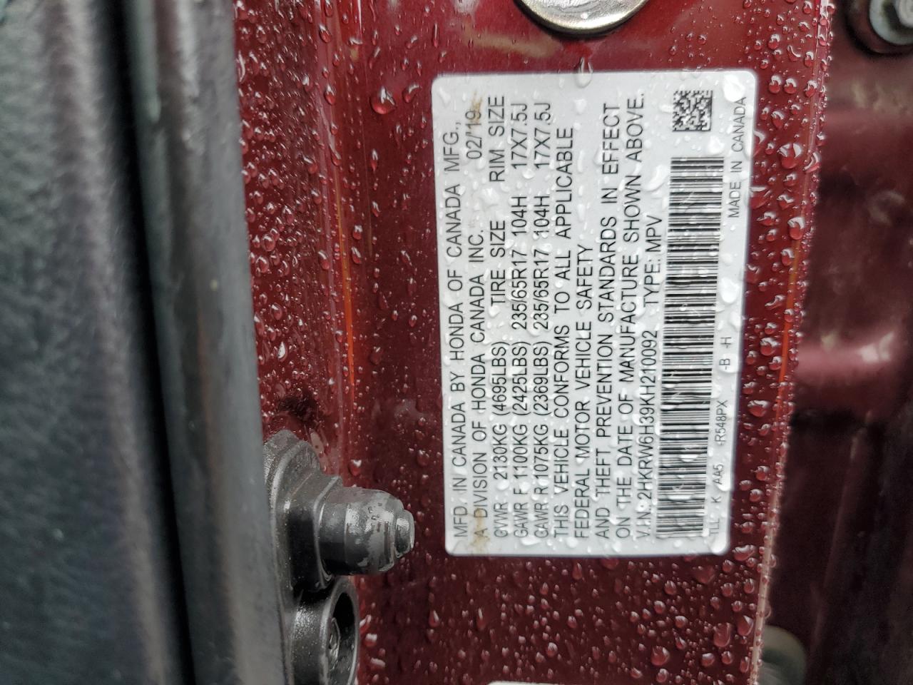 2019 Honda Cr-V Lx VIN: 2HKRW6H39KH210092 Lot: 81720765