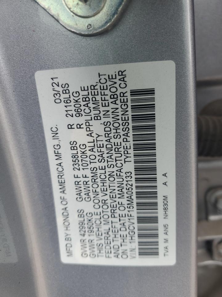 2021 Honda Accord Lx VIN: 1HGCV1F15MA052133 Lot: 81296705