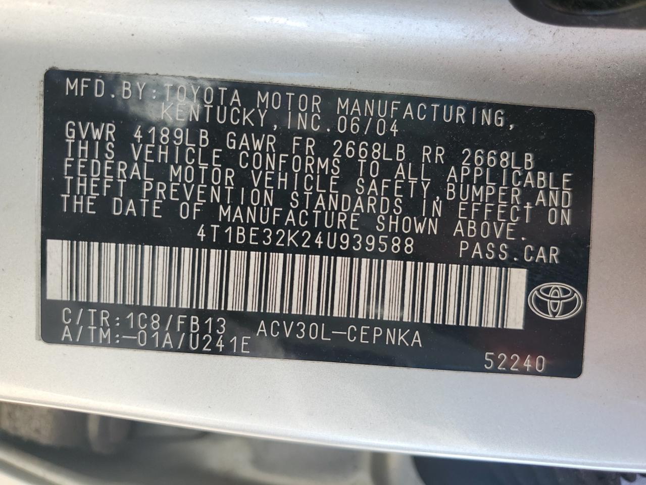 2004 Toyota Camry Le VIN: 4T1BE32K24U939588 Lot: 81119775