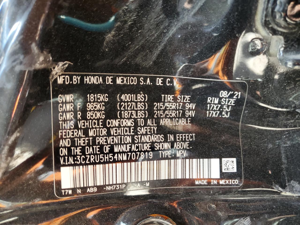 2022 Honda Hr-V Ex VIN: 3CZRU5H54NM707819 Lot: 71747655
