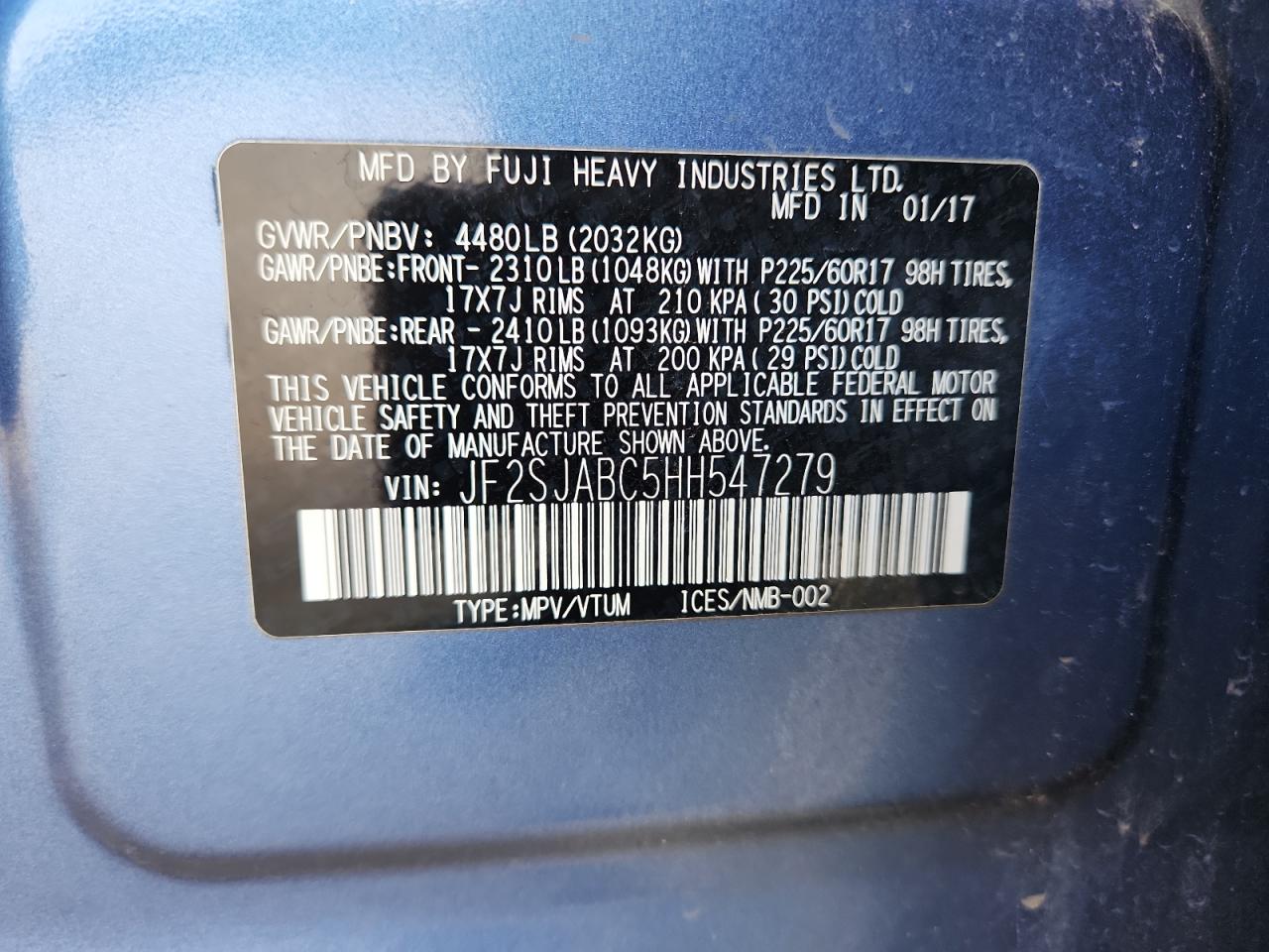 2017 Subaru Forester 2.5I VIN: JF2SJABC5HH547279 Lot: 81015265