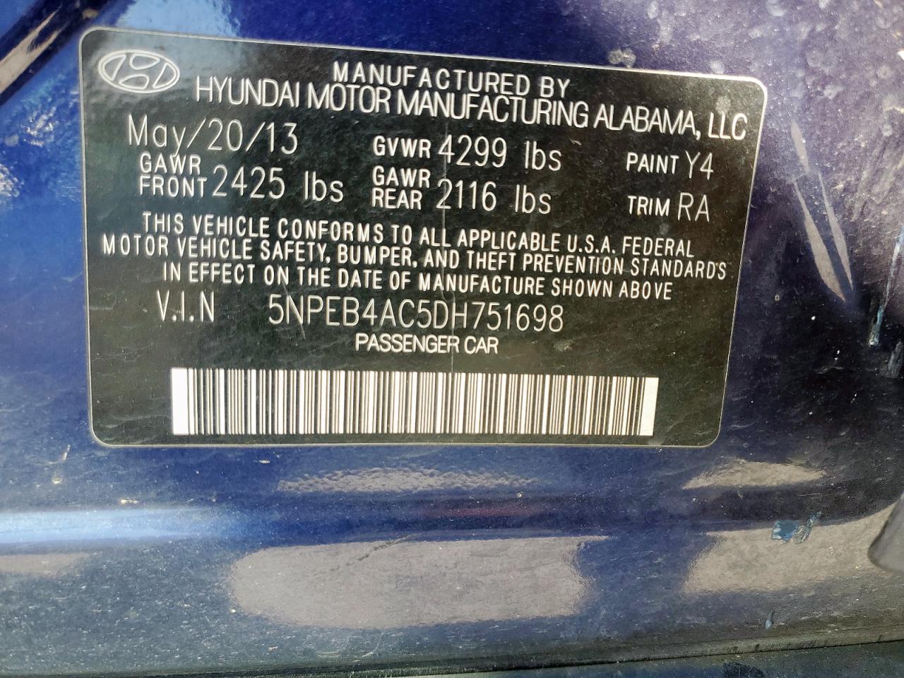 2013 Hyundai Sonata Gls VIN: 5NPEB4AC5DH751698 Lot: 70481095