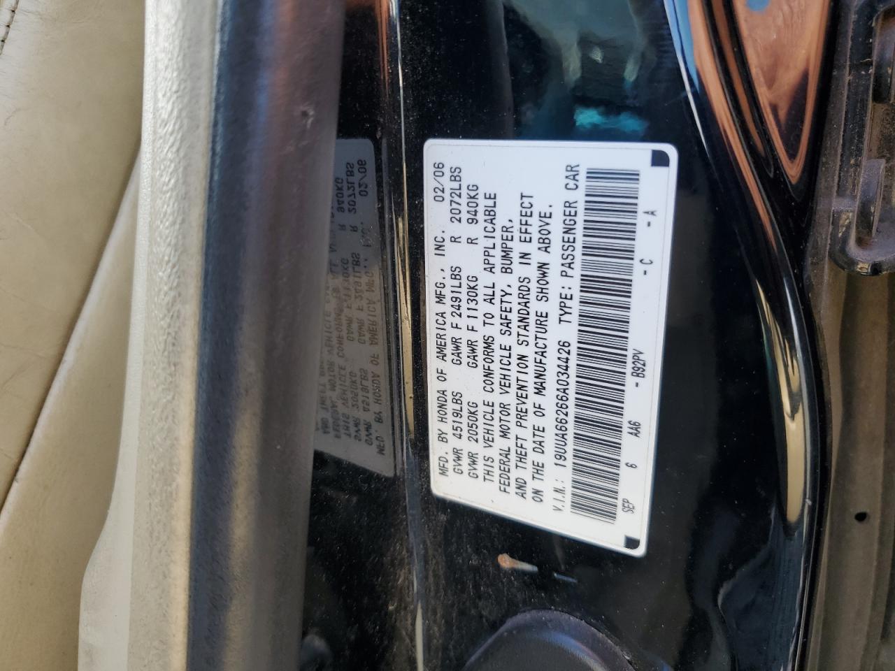 2006 Acura 3.2Tl VIN: 19UUA66266A034426 Lot: 80234525