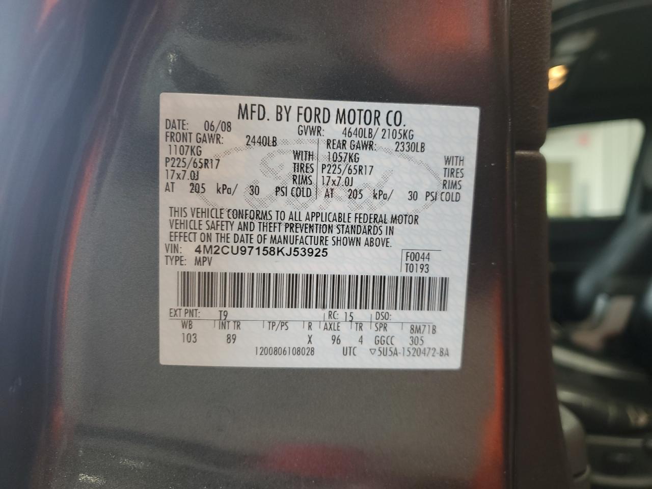 2008 Mercury Mariner Premier VIN: 4M2CU97158KJ53925 Lot: 84620475